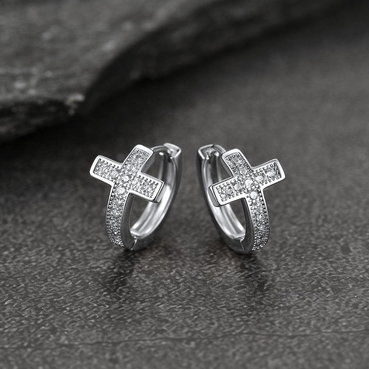 Cubic Zirconia Cross Hoop Earrings For Men