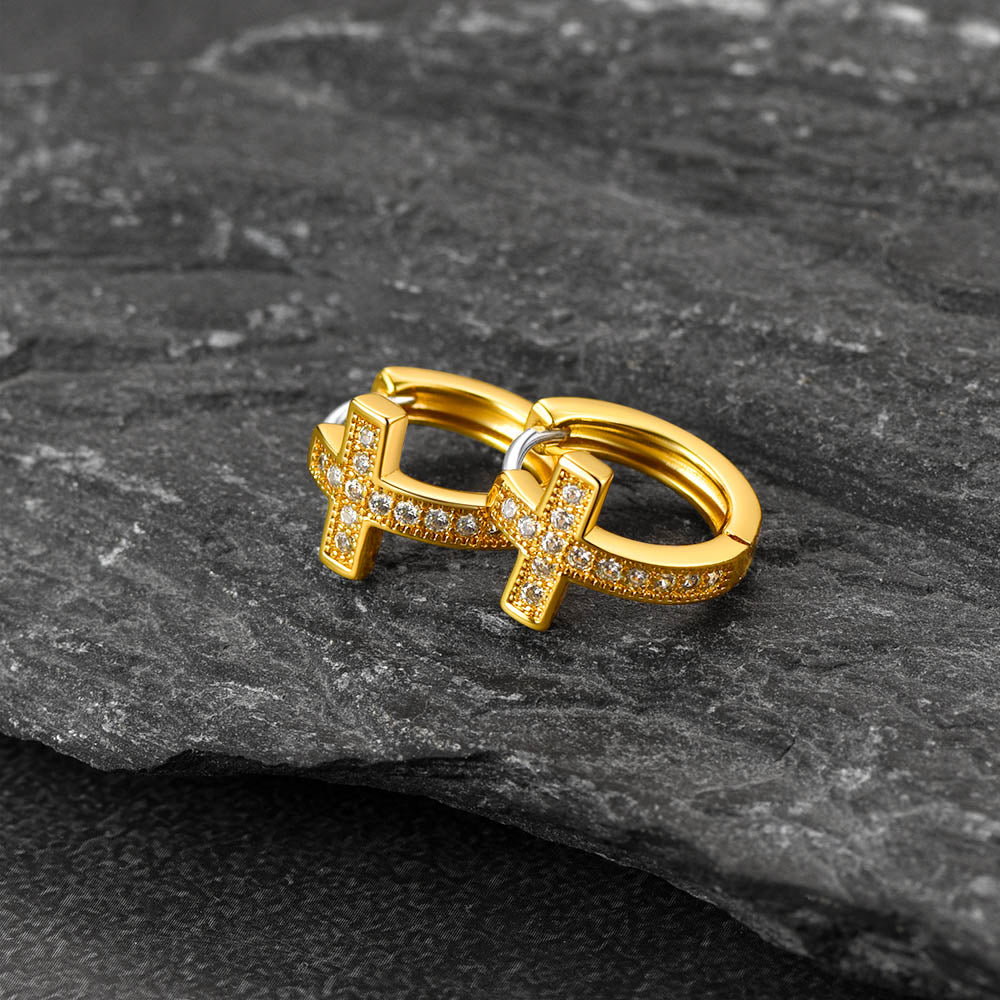 Cubic Zirconia Cross Hoop Earrings For Men