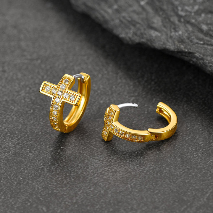 Cubic Zirconia Cross Hoop Earrings For Men