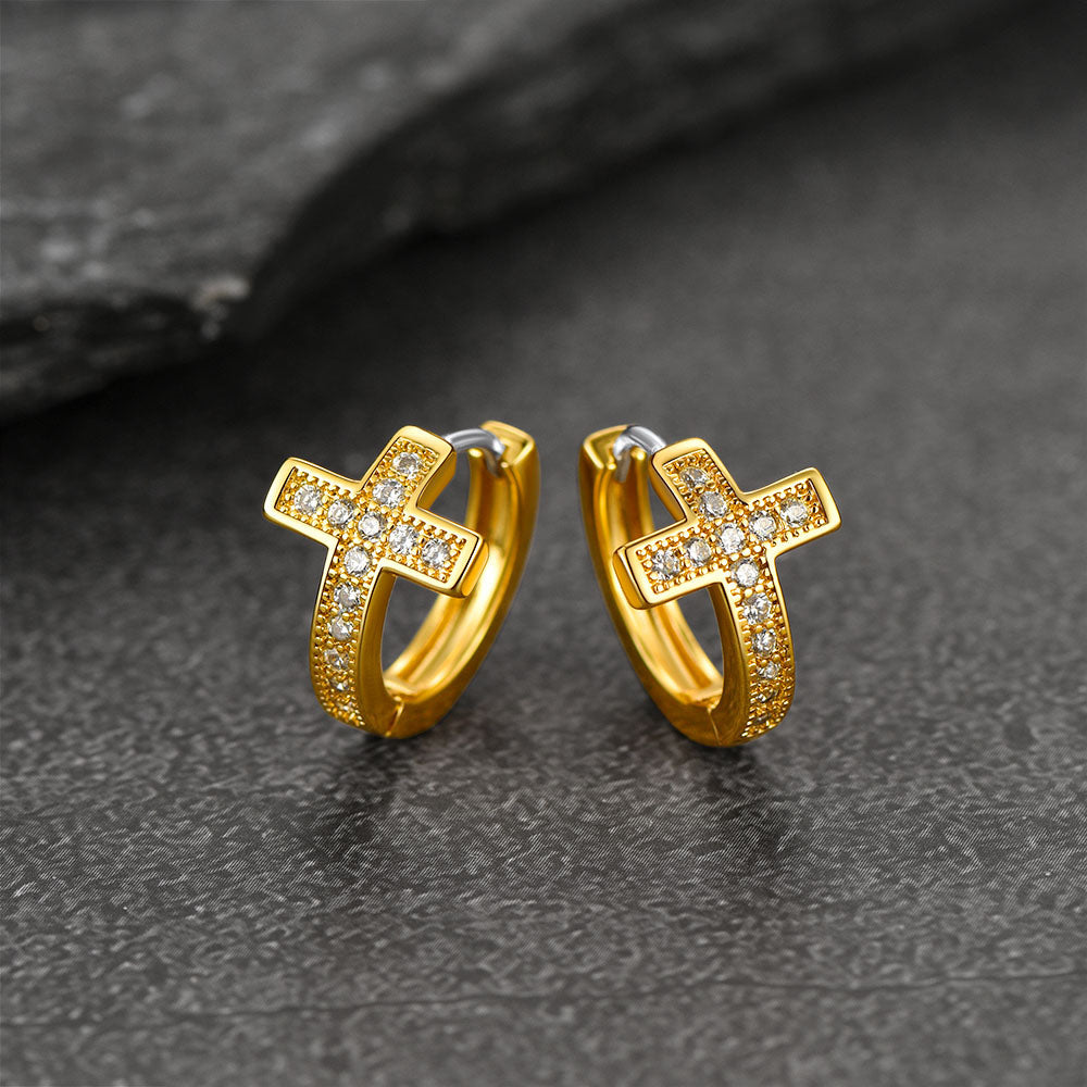Cubic Zirconia Cross Hoop Earrings For Men
