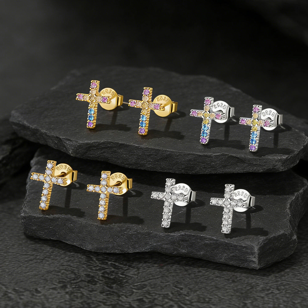 Sterling Silver Cross Stud Earrings for Men with CZ, Christian Jewelry 10mm