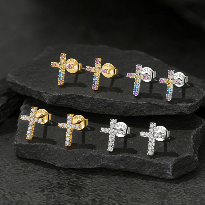 Sterling Silver Cross Stud Earrings for Men with CZ, Christian Jewelry 10mm