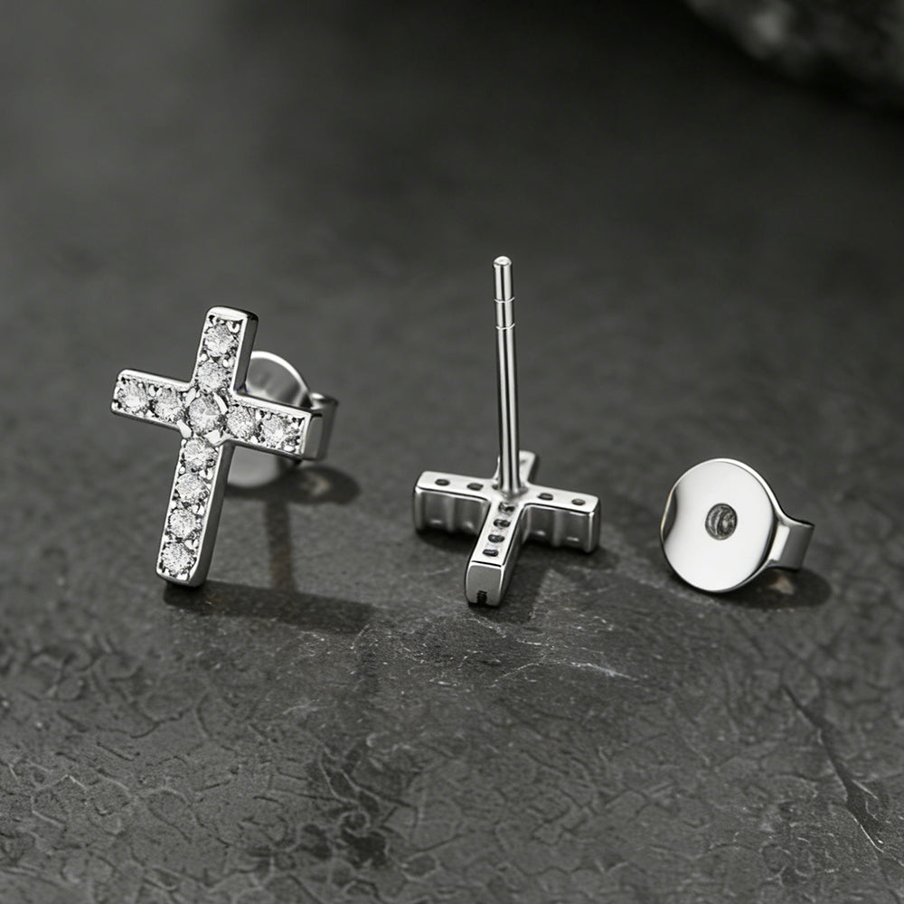 Sterling Silver Cross Stud Earrings for Men with CZ, Christian Jewelry 10mm