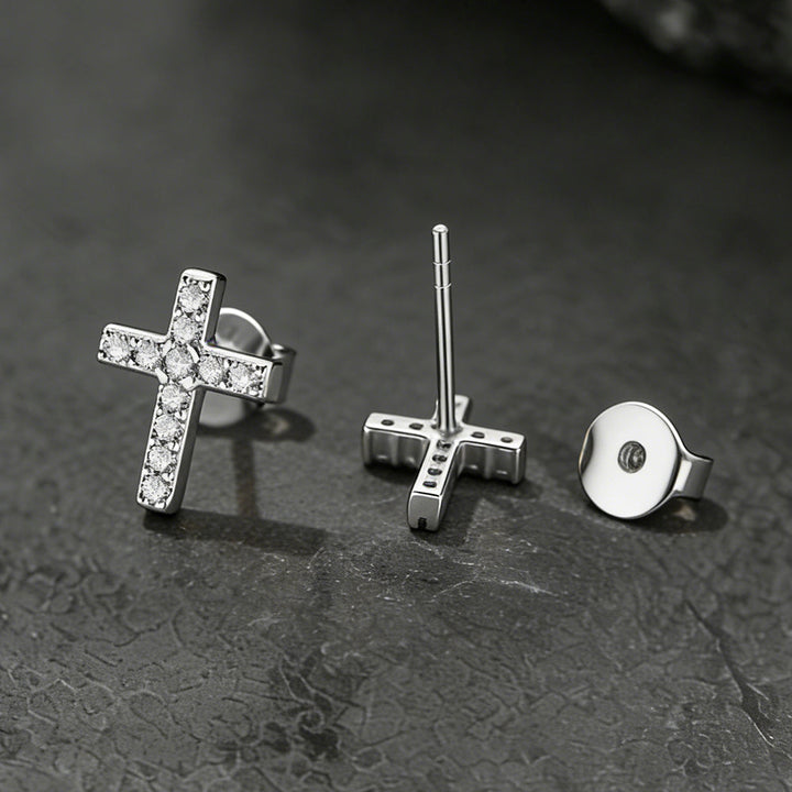 Sterling Silver Cross Stud Earrings for Men with CZ, Christian Jewelry 10mm