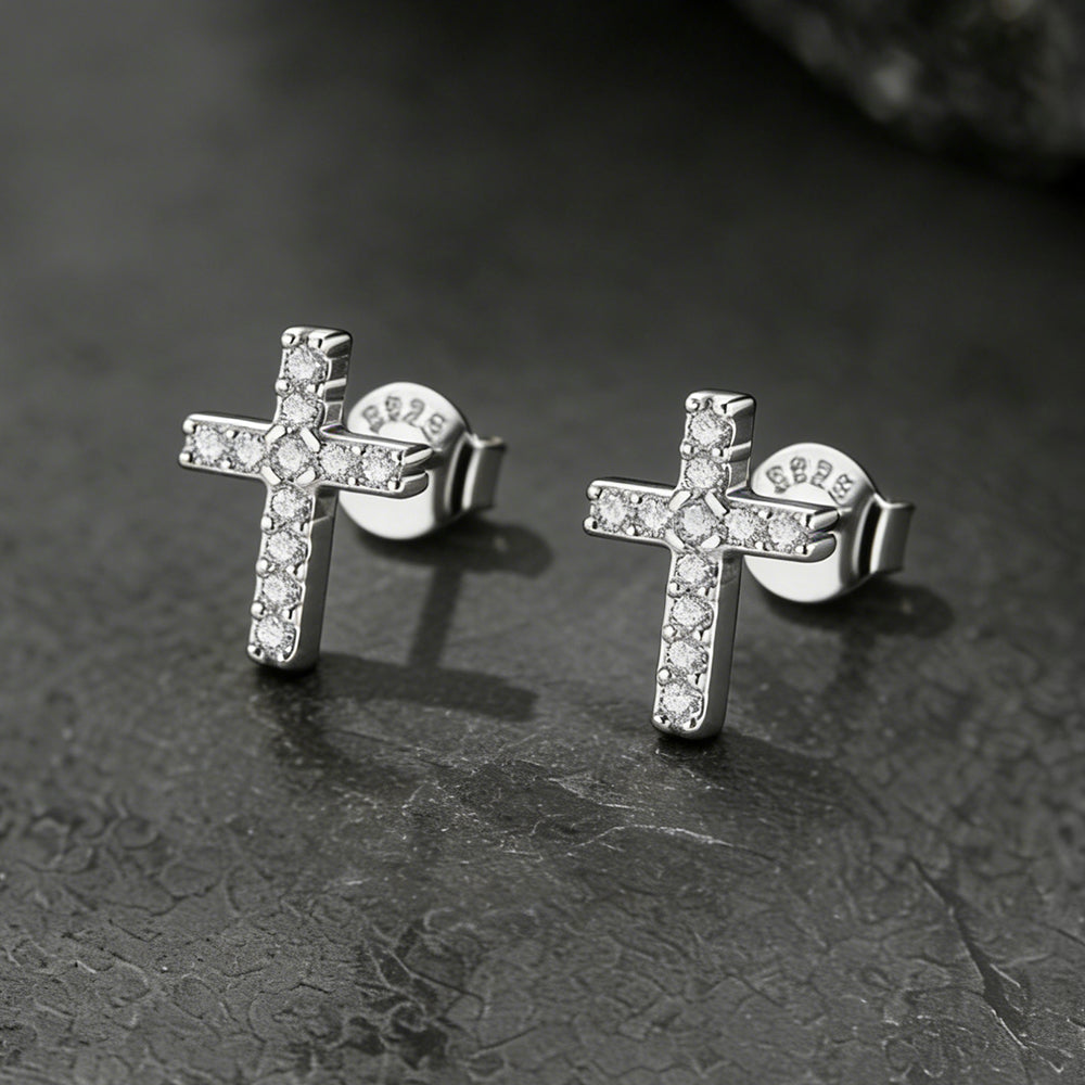 Sterling Silver Cross Stud Earrings for Men with CZ, Christian Jewelry 10mm