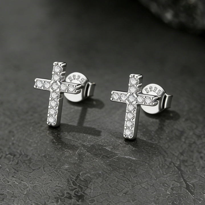 Sterling Silver Cross Stud Earrings for Men with CZ, Christian Jewelry 10mm