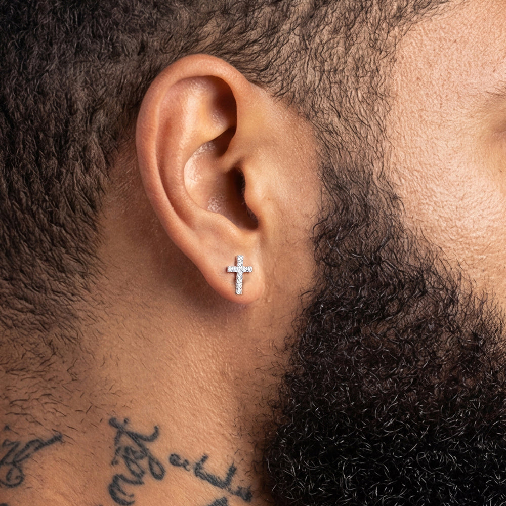 Sterling Silver Cross Stud Earrings for Men with CZ, Christian Jewelry 10mm