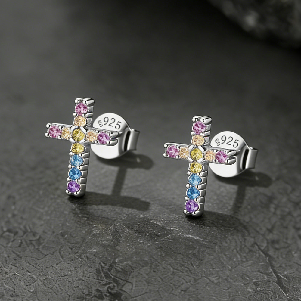 Sterling Silver Cross Stud Earrings for Men with CZ, Christian Jewelry 10mm