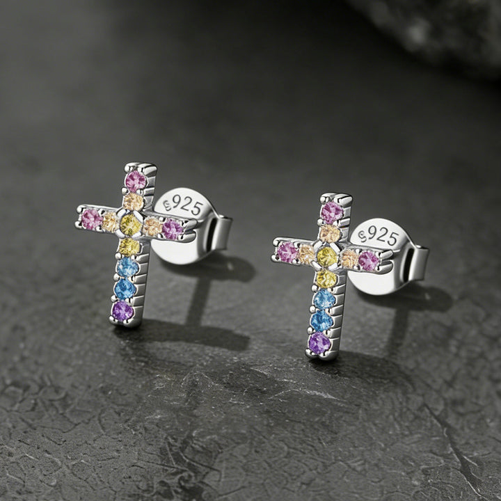 Sterling Silver Cross Stud Earrings for Men with CZ, Christian Jewelry 10mm
