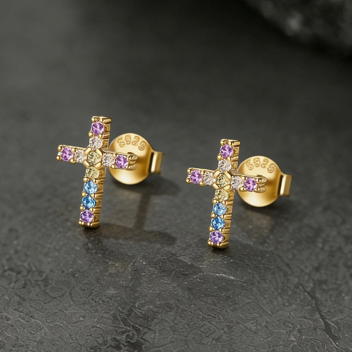 Sterling Silver Cross Stud Earrings for Men with CZ, Christian Jewelry 10mm