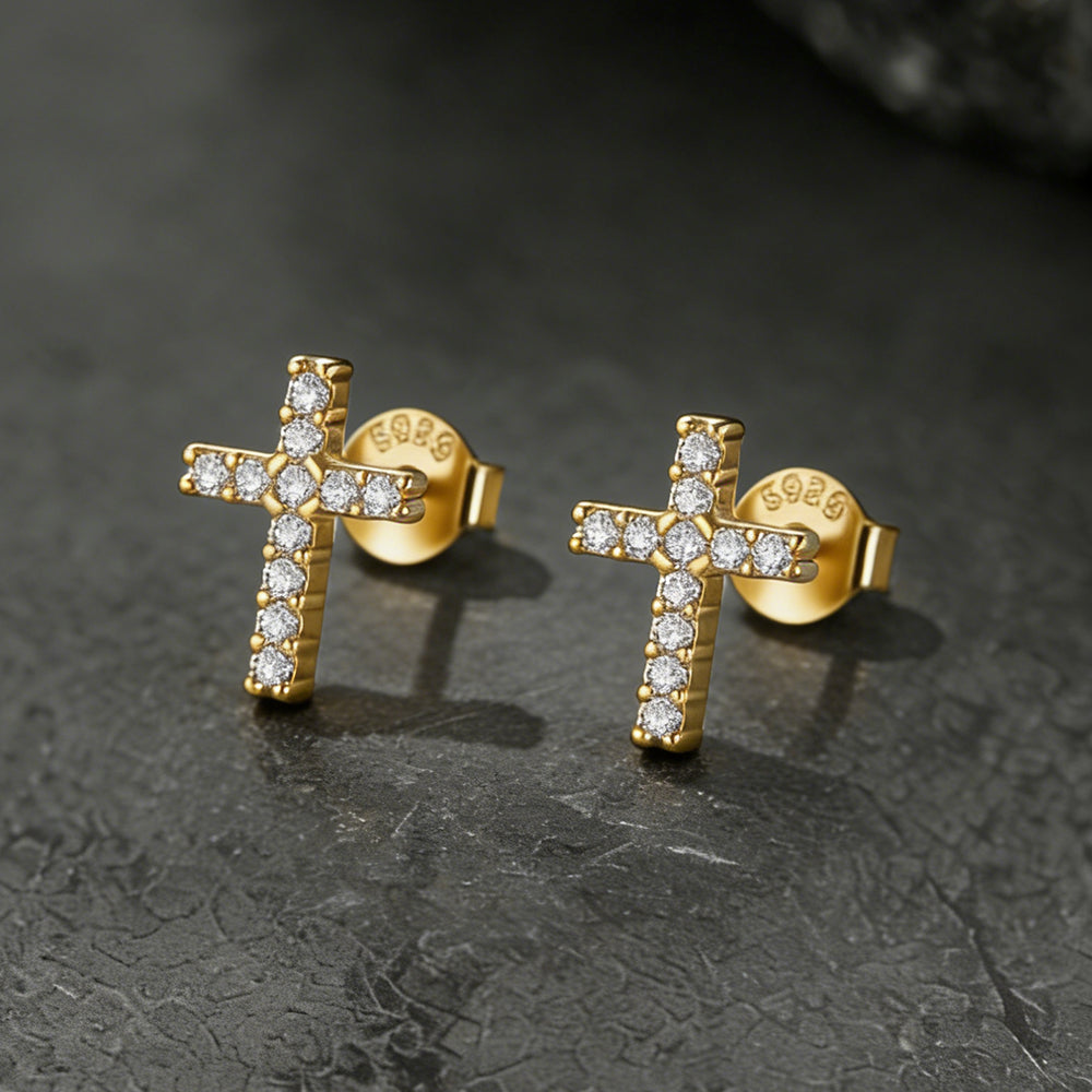 Sterling Silver Cross Stud Earrings for Men with CZ, Christian Jewelry 10mm