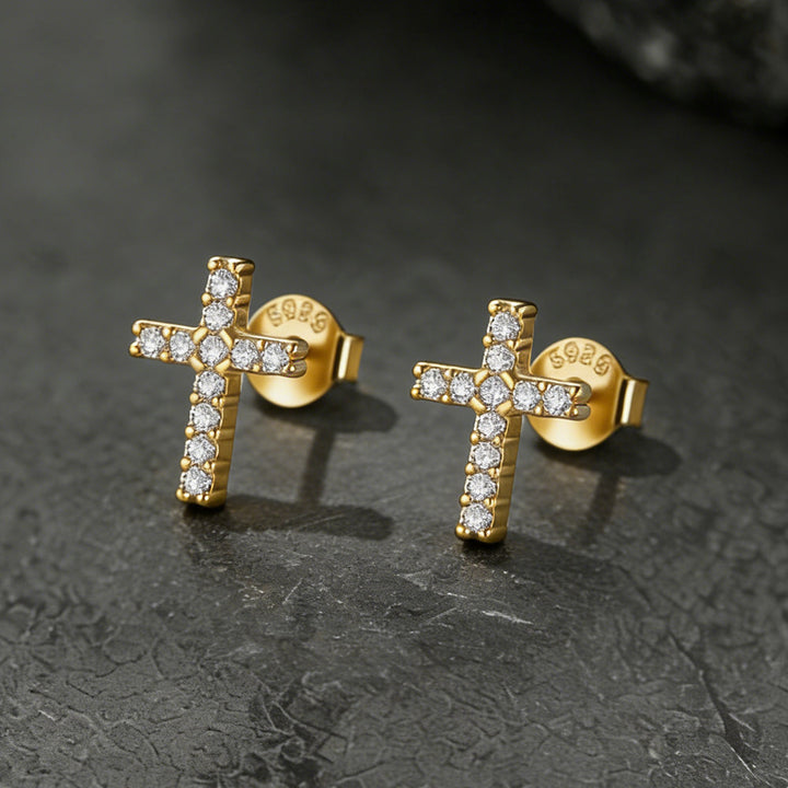 Sterling Silver Cross Stud Earrings for Men with CZ, Christian Jewelry 10mm