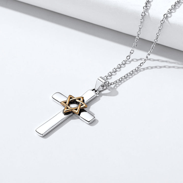 Silver Cross Star of David Pendant Necklace for Men Women