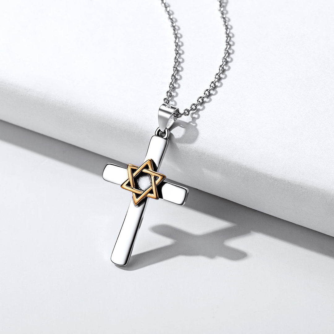 Silver Cross Star of David Pendant Necklace for Men Women