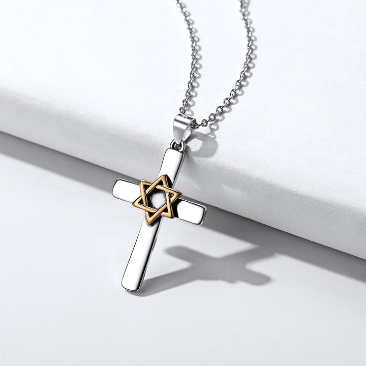 Silver Cross Star of David Pendant Necklace for Men Women