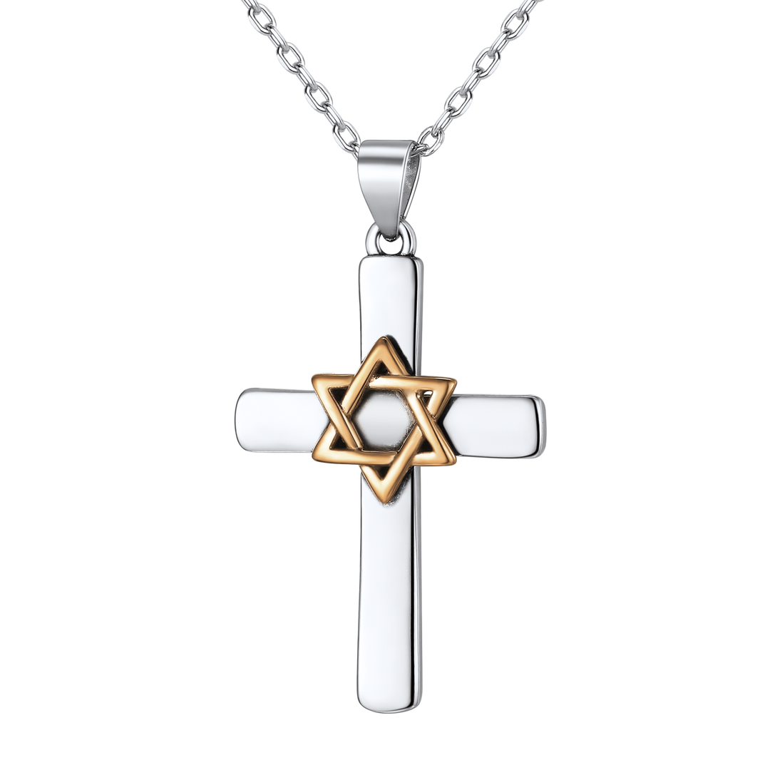 Silver Cross Star of David Pendant Necklace for Men Women