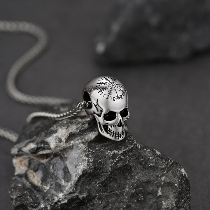 Nordic Viking Compass Skull Pendant Necklace for Men