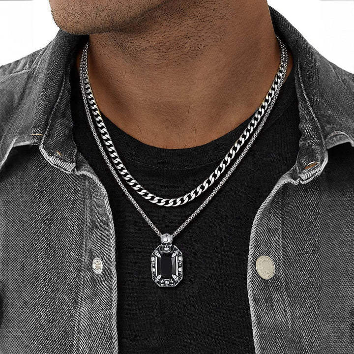 Cuban Curb Chain & Skull Crystal Layered Necklaces Set for Men