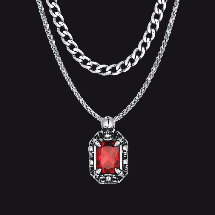 Cuban Curb Chain & Skull Crystal Layered Necklaces Set for Men