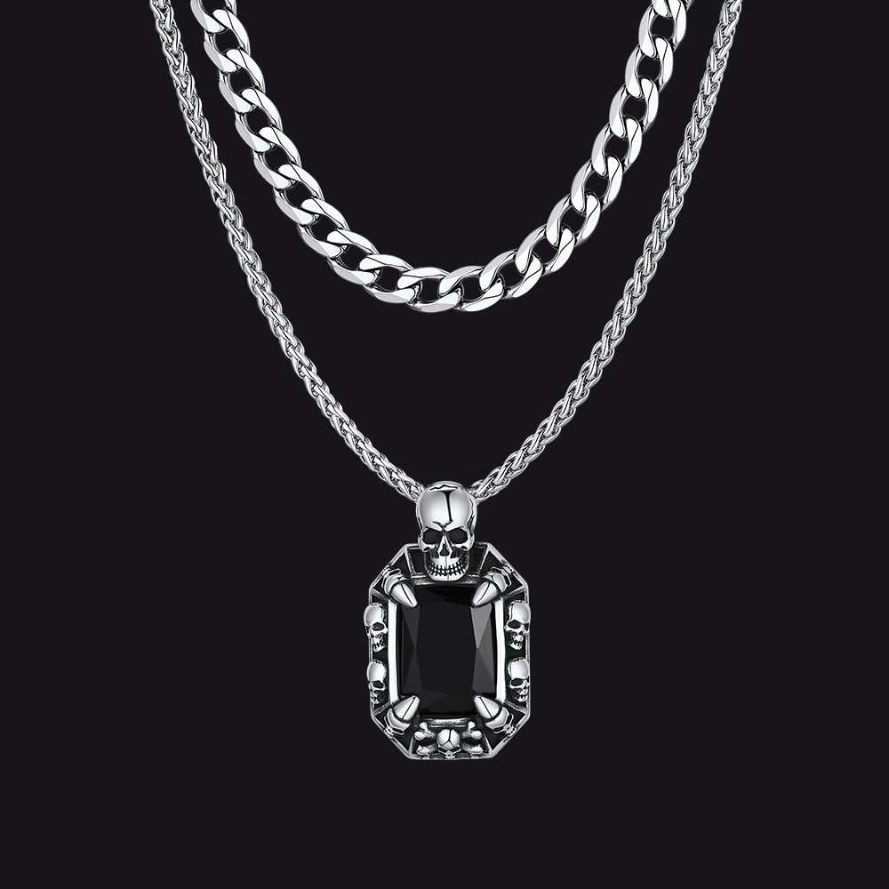 Cuban Curb Chain & Skull Crystal Layered Necklaces Set for Men