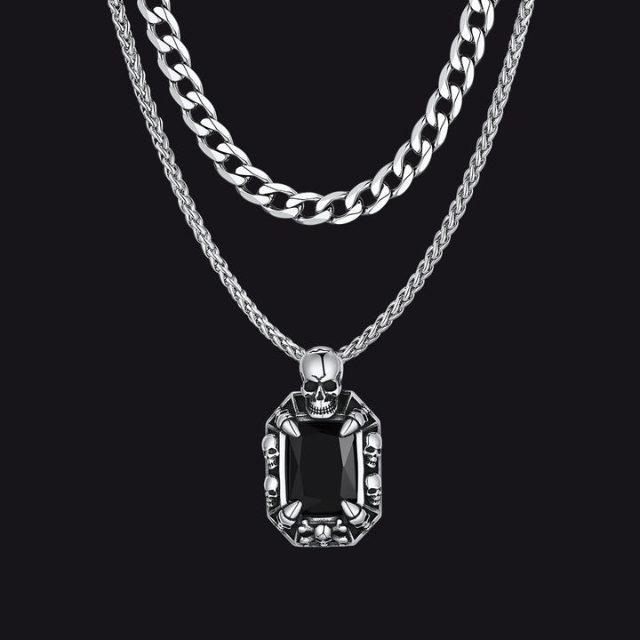Cuban Curb Chain & Skull Crystal Layered Necklaces Set for Men