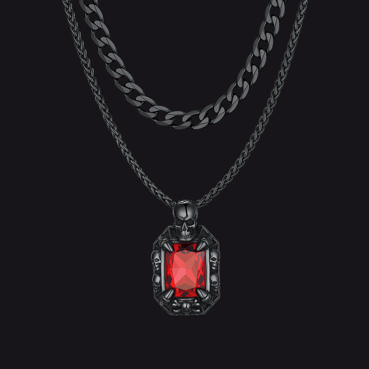 Cuban Curb Chain & Skull Crystal Layered Necklaces Set for Men