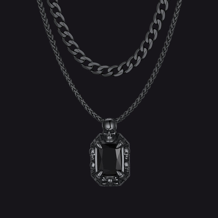 Cuban Curb Chain & Skull Crystal Layered Necklaces Set for Men