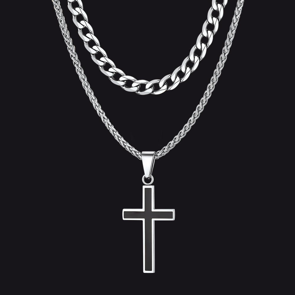 Cuban Curb Chain & Enamel Cross Layered Necklaces Set for Men