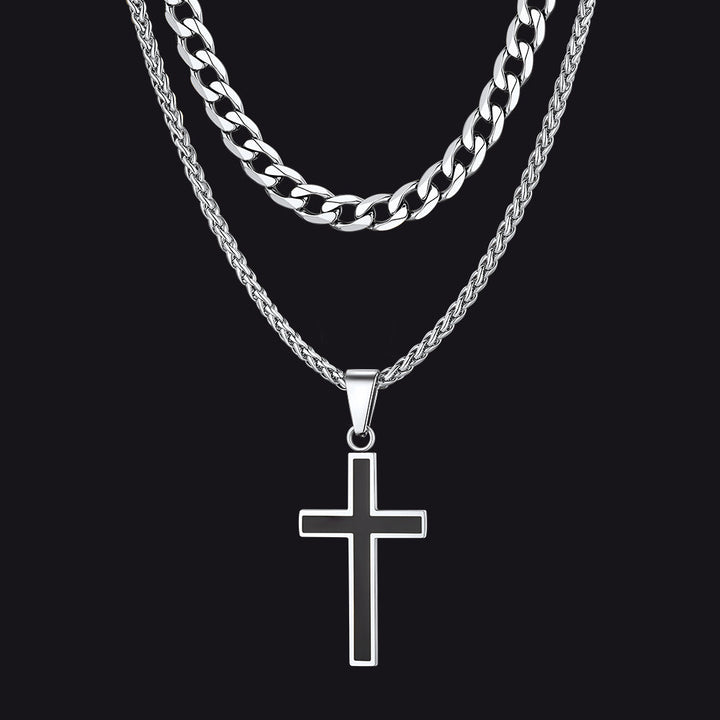 Cuban Curb Chain & Enamel Cross Layered Necklaces Set for Men