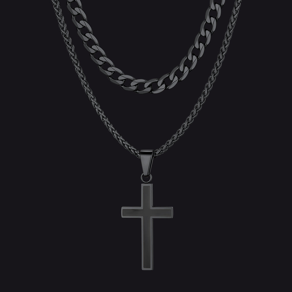 Cuban Curb Chain & Enamel Cross Layered Necklaces Set for Men