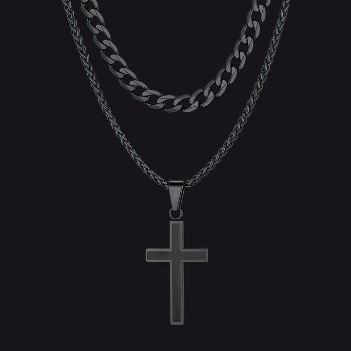 Cuban Curb Chain & Enamel Cross Layered Necklaces Set for Men