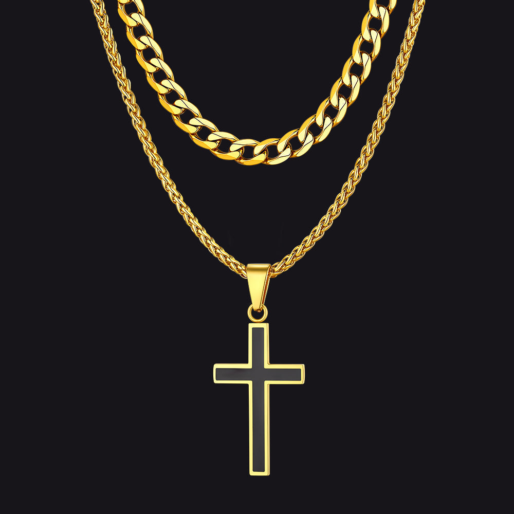 Cuban Curb Chain & Enamel Cross Layered Necklaces Set for Men
