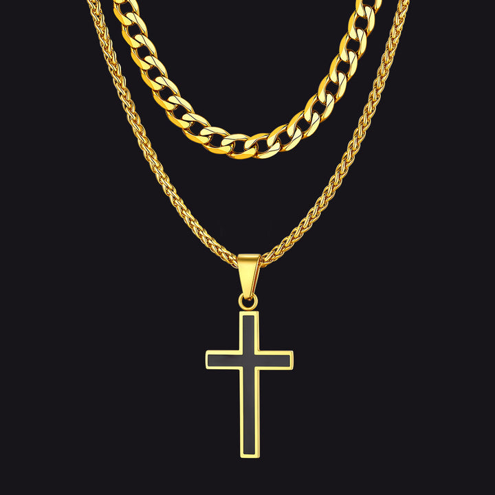 Cuban Curb Chain & Enamel Cross Layered Necklaces Set for Men