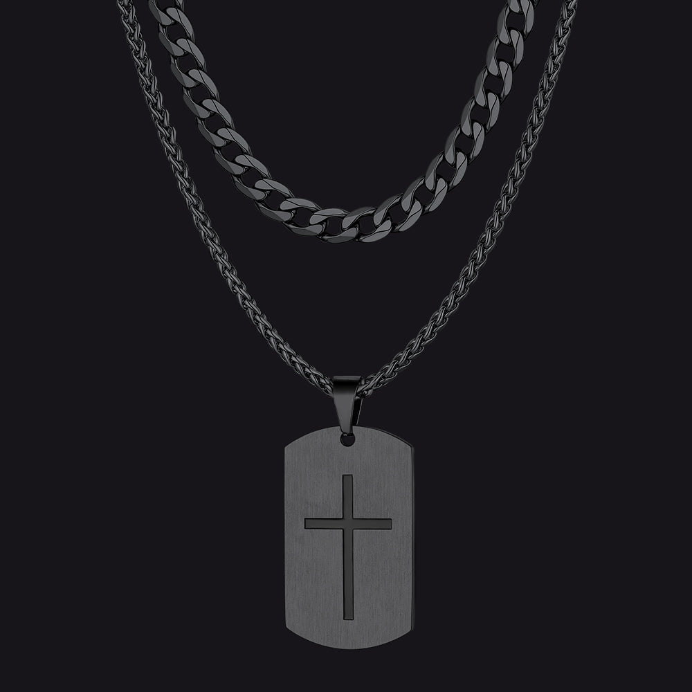 Cuban Chain & Joshua 1:9 Dog Tag Necklace Set for Men