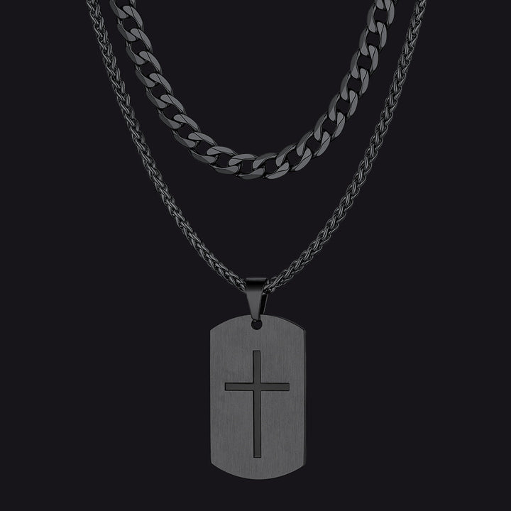 Cuban Chain & Joshua 1:9 Dog Tag Necklace Set for Men