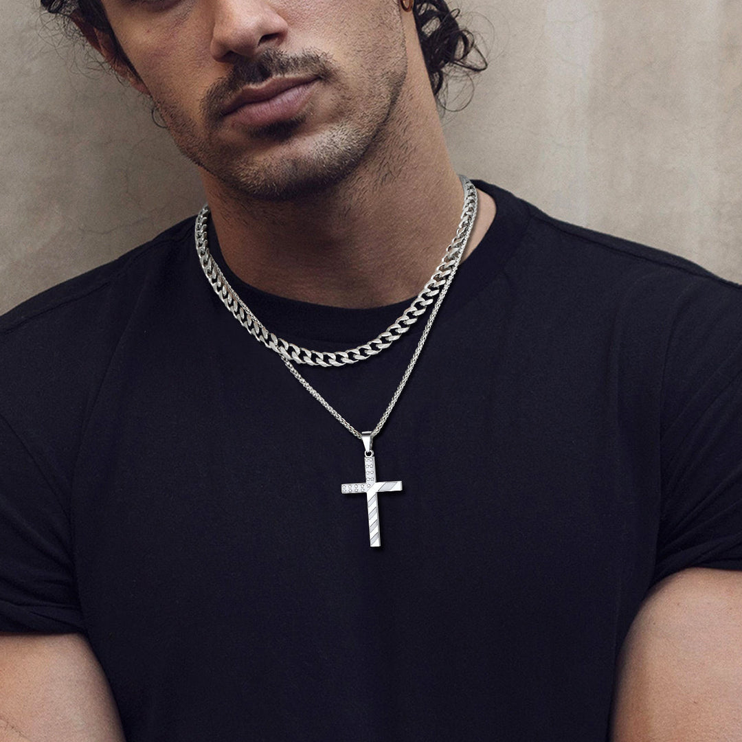 Cuban Chain & American Flag Cross Layered Necklaces Set for Men