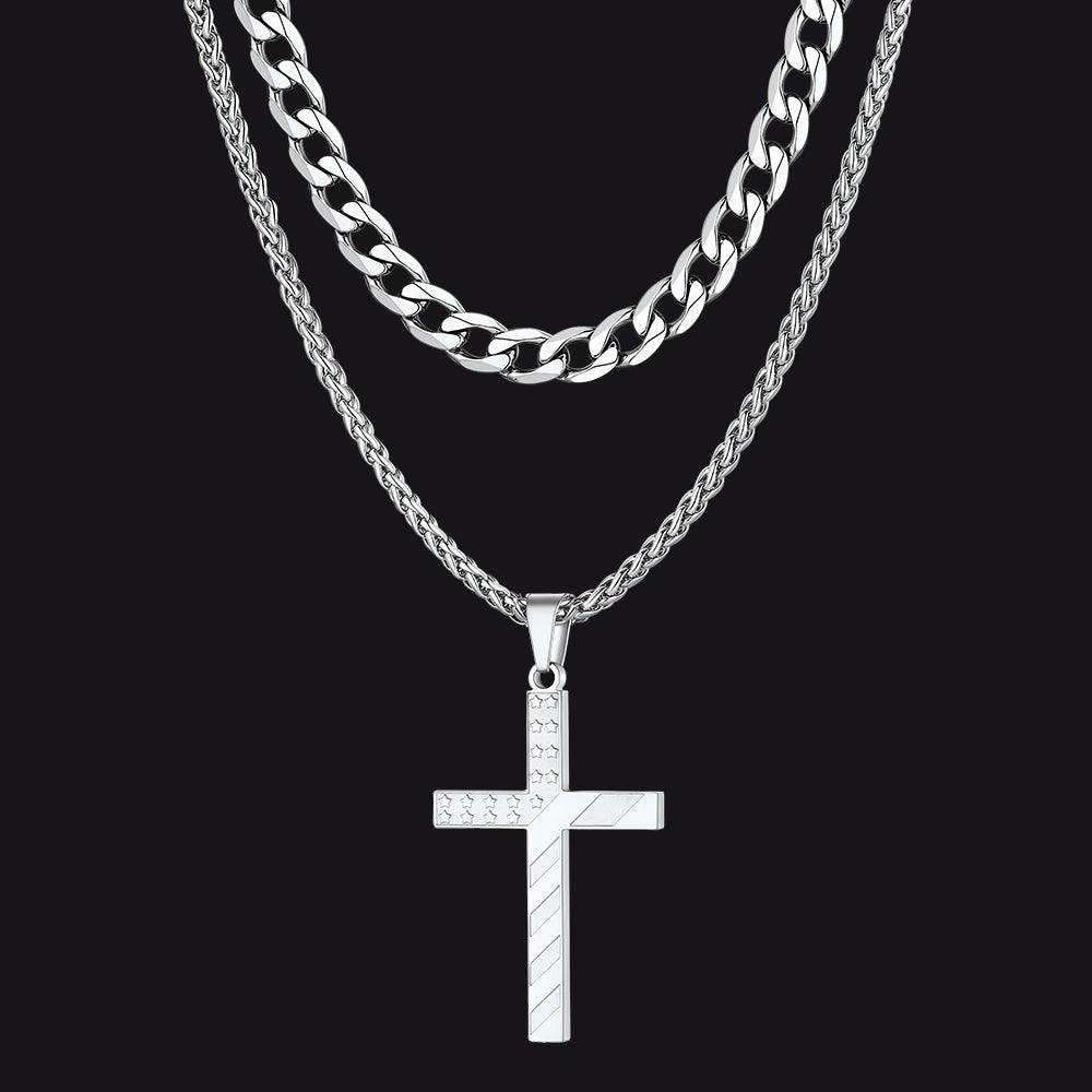 Cuban Chain & American Flag Cross Layered Necklaces Set for Men