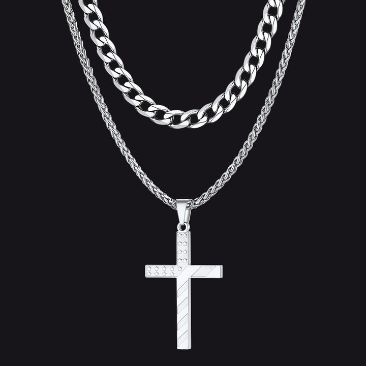 Cuban Chain & American Flag Cross Layered Necklaces Set for Men