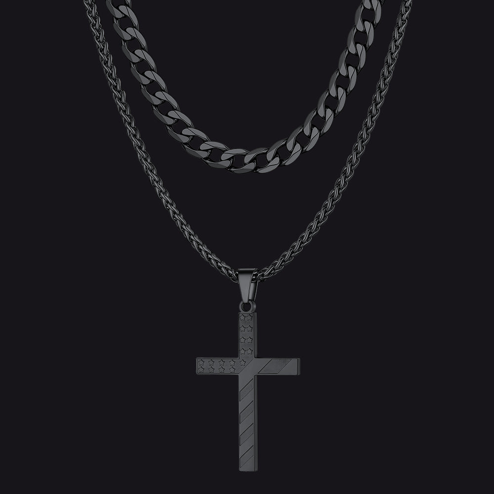 Cuban Chain & American Flag Cross Layered Necklaces Set for Men