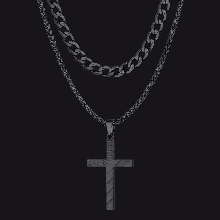 Cuban Chain & American Flag Cross Layered Necklaces Set for Men