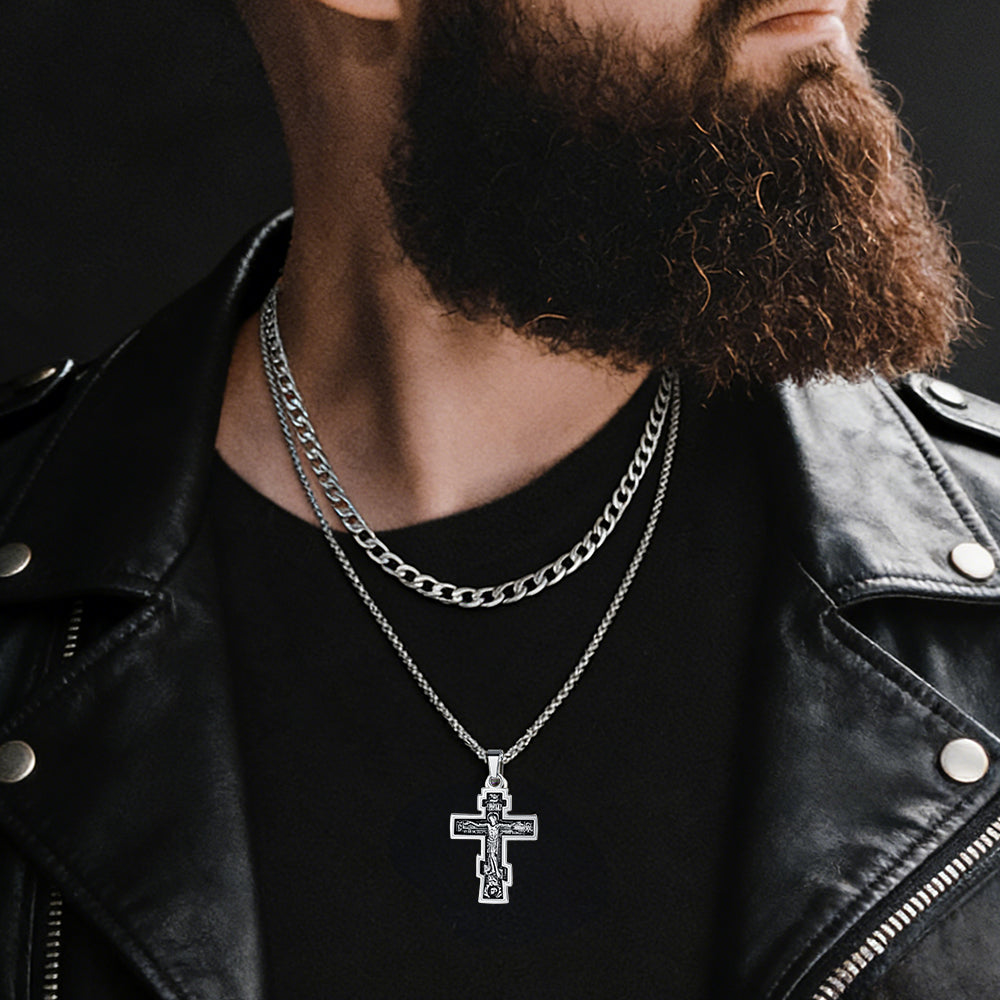 Cuban Chain & Russian Orthodox Cross Pendant Necklace Set for Men Father