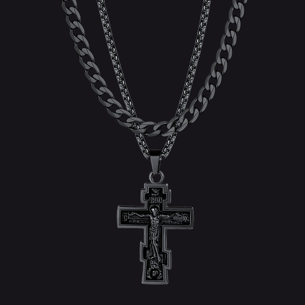 Cuban Chain & Russian Orthodox Cross Pendant Necklace Set for Men Father
