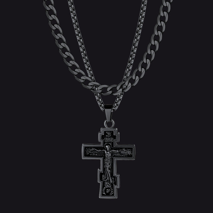 Cuban Chain & Russian Orthodox Cross Pendant Necklace Set for Men Father
