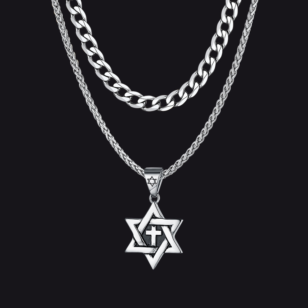 Curb Chain & Star of David With Cross Layered Necklaces Set for Men