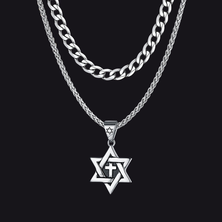 Curb Chain & Star of David With Cross Layered Necklaces Set for Men