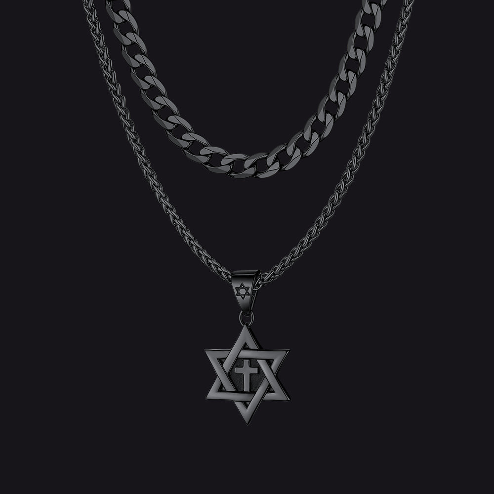 Curb Chain & Star of David With Cross Layered Necklaces Set for Men