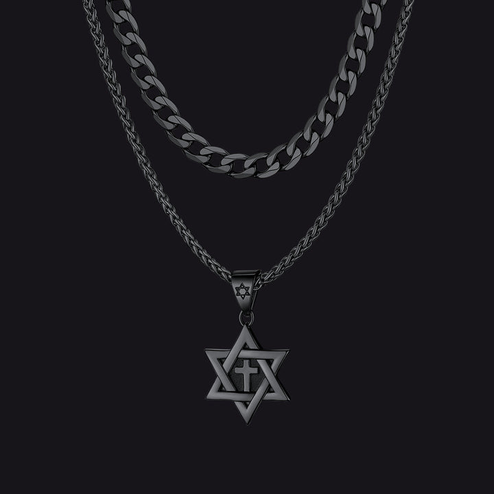 Curb Chain & Star of David With Cross Layered Necklaces Set for Men