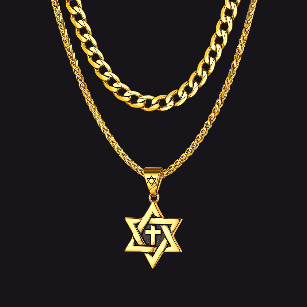 Curb Chain & Star of David With Cross Layered Necklaces Set for Men