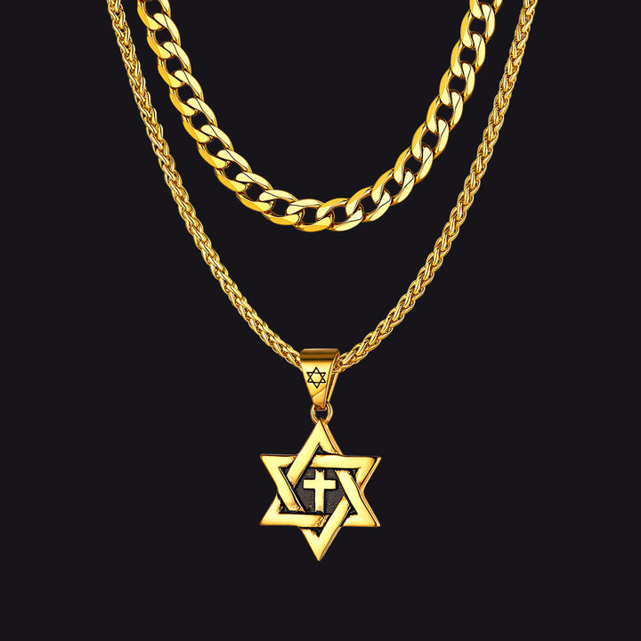 Curb Chain & Star of David With Cross Layered Necklaces Set for Men
