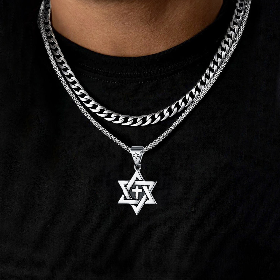 Curb Chain & Star of David With Cross Layered Necklaces Set for Men